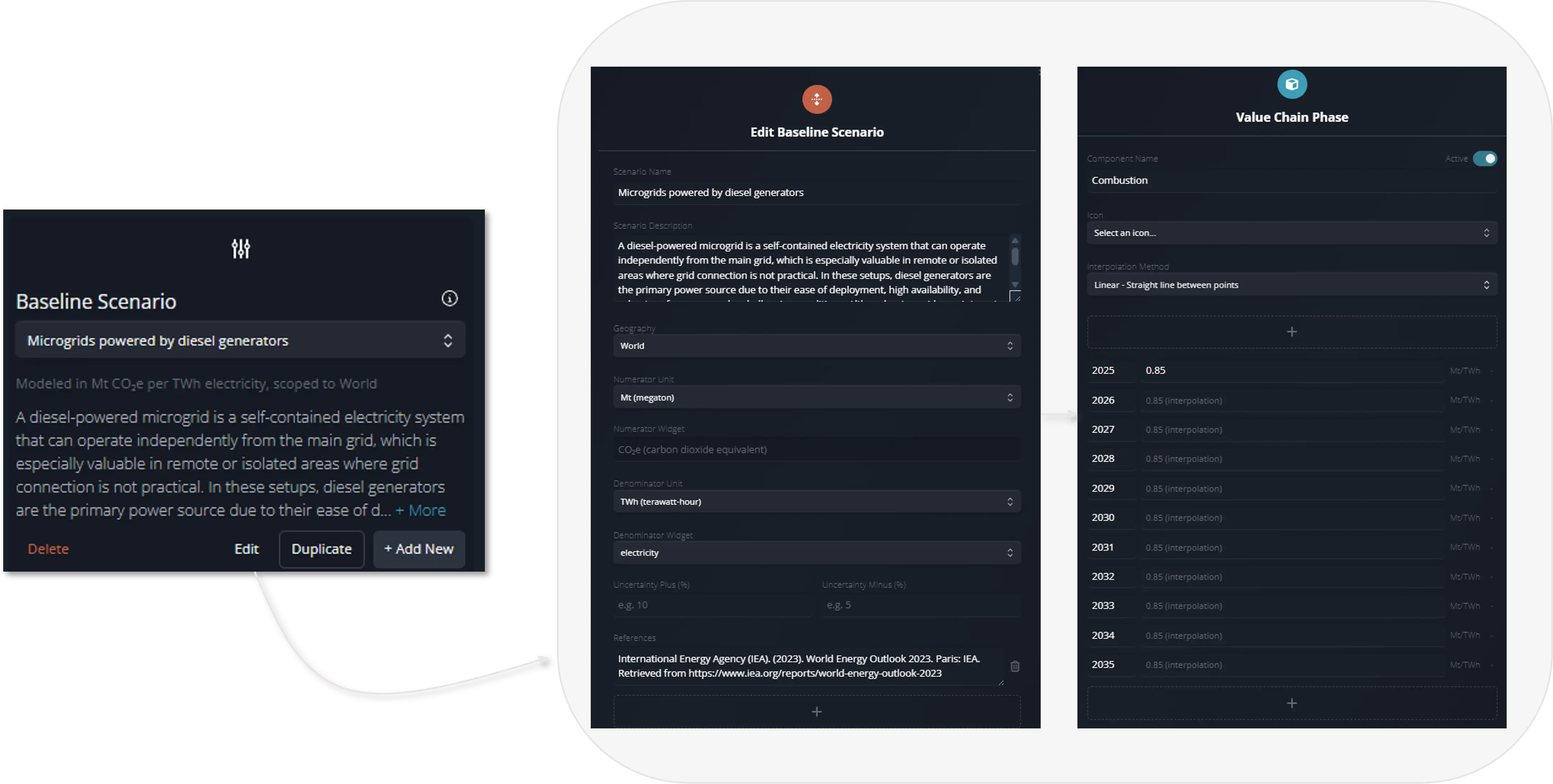 Edit Mode interface showing customizable GHG intensities for baseline and solution