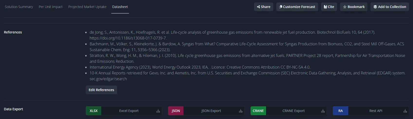 Koi datasheet and export options